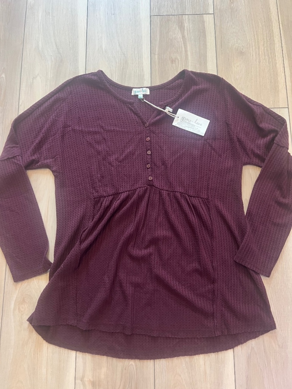 Grace & Lace Burgundy Waffle Knit Babydoll Henley Top Size Large